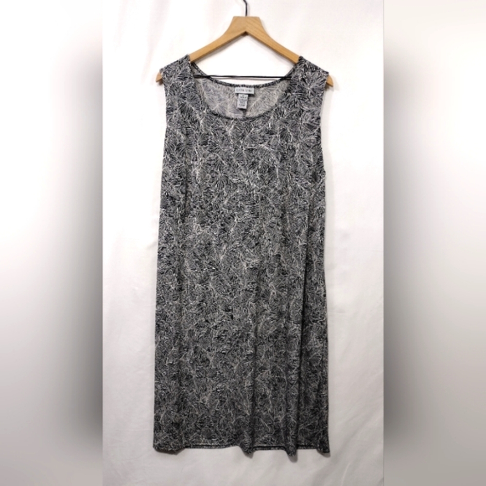 Catherines Leaves Print Dress Women's 1X Black White Coastal Retro 90s Y2K